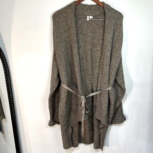anthro moth vallon oversized ribbon tie open front knit cardigan tan wool small